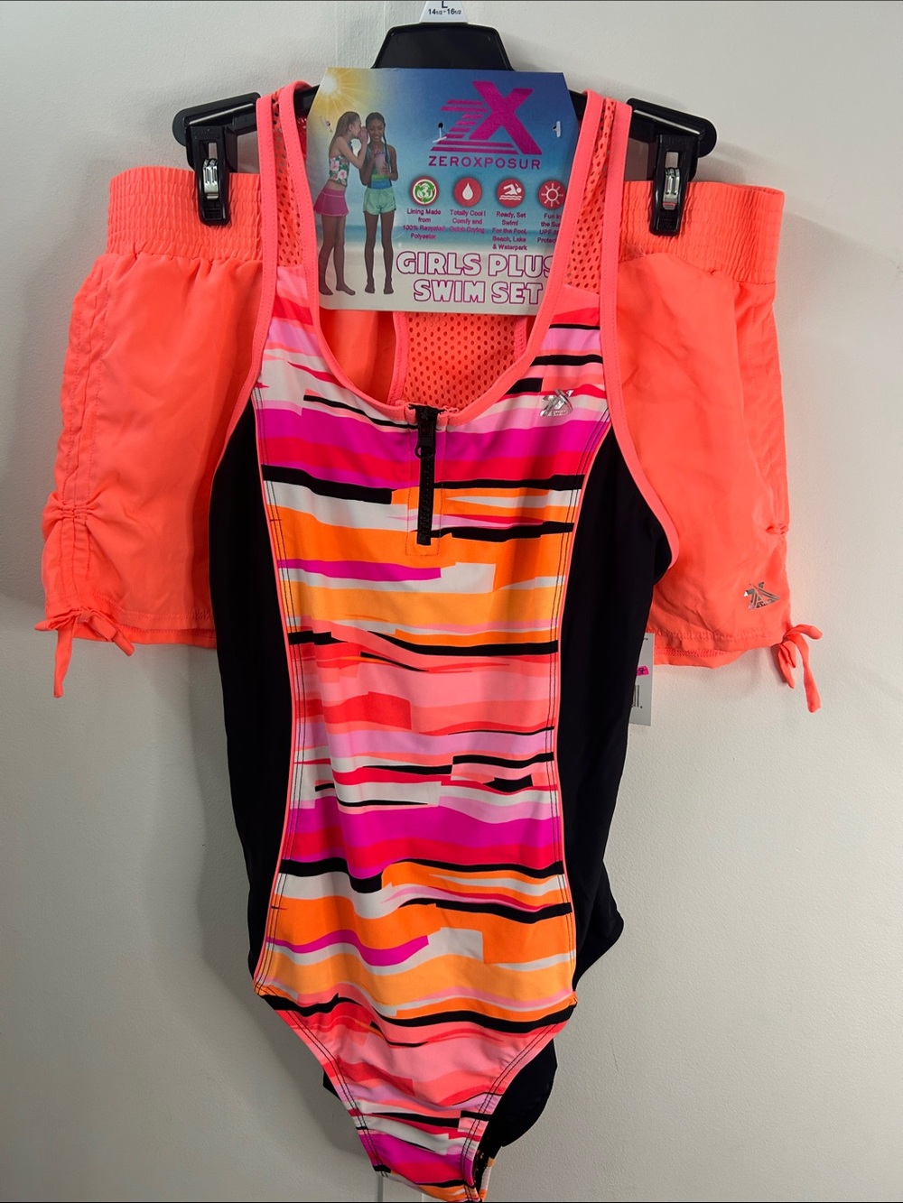 ZeroXposur Girls Neon Pink & Orange Striped One-Piece Swim Set